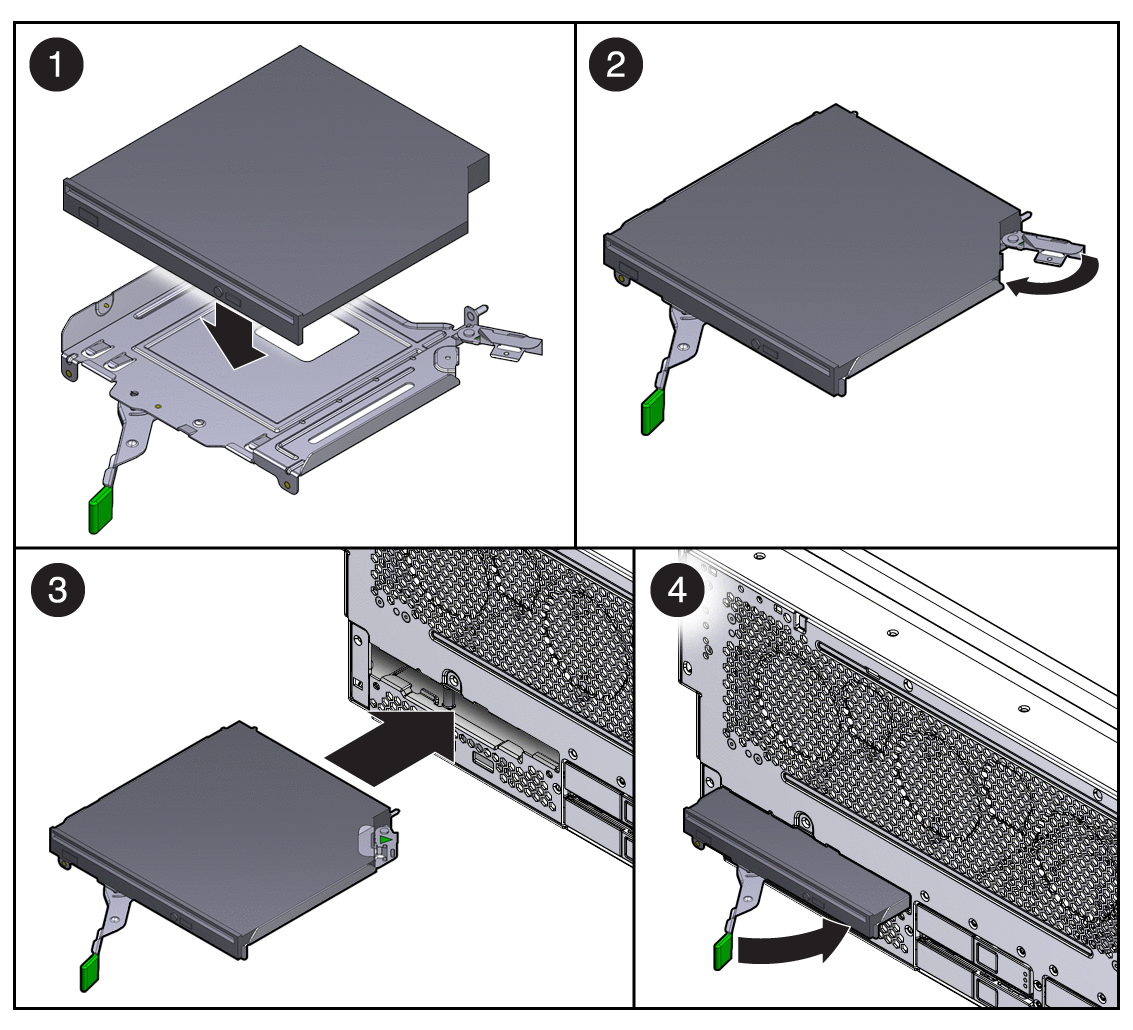 Figure showing the optical media drive being
inserted into the media bay.