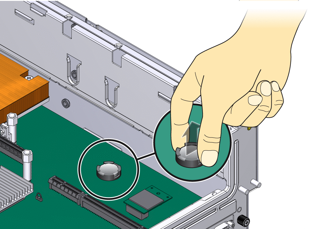 Figure showing how to pry the battery from
the service motherboard.