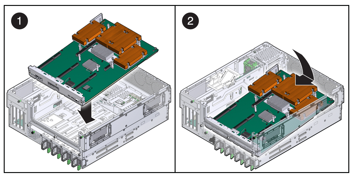 Figure showing how to install the motherboard
assembly into the chassis.