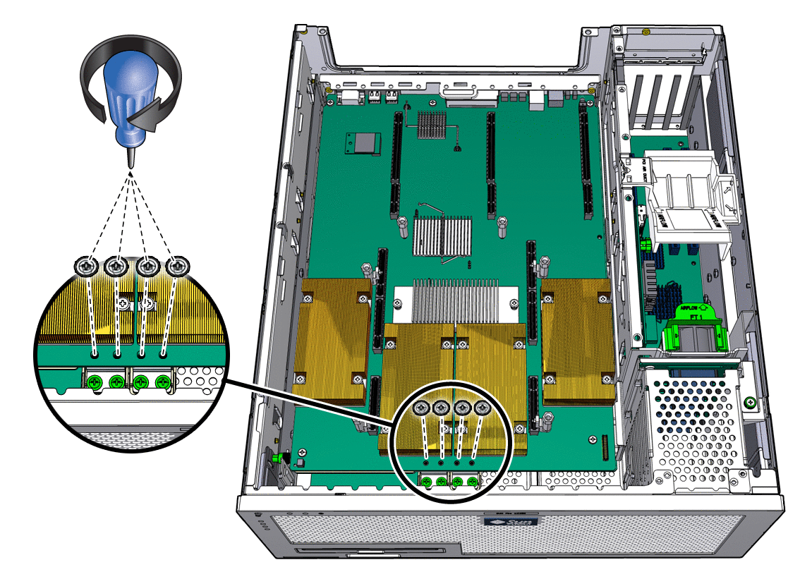 Figure showing installation of the screws that
secure the motherboard assembly.