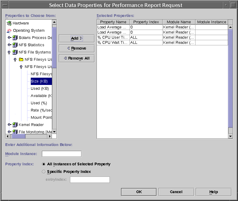 Dialog box titled Select Data Properties for Performance Report Request. The context describes the graphic.