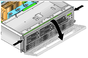 This graphic shows the removal of the front bezel from the Sun Fire V40z server, by pushing in on bezel side buttons.