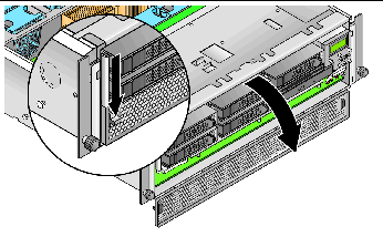 This graphic shows the CPU-card door opening 180 degrees by pushing the release lever on left side of door.