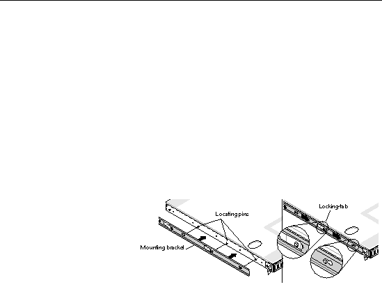 This graphic shows the mounting brackets aligned with the front three locating pins on Sun Fire V20z server side, with an enlarged view of the bracket locking tab over the center pin.
