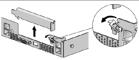 Graphic showing how to open the retaining latch on a horizontal PCI card slot in Sun Fire V40z server. Removal of the PCI slot cover is also shown.