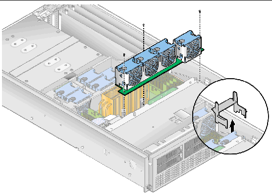 Graphic showing how to remove the front fan-cage assembly by removing its three securing screws. An inset shows the air baffle for fan 12.