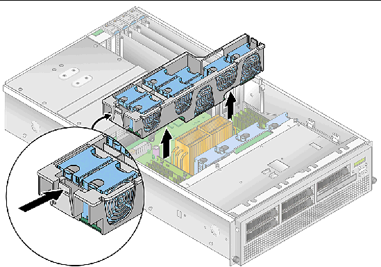 Graphic showing how to remove the rear fan-cage assembly by pressing in on the retainer clip and lifting the assembly away from the motherboard. 