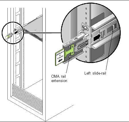 Graphic showing the CMA rail extension being inserted into the rear of the left slide-rail.