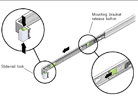 Graphic showing slide-rail lock tabs being squeezed and mounting bracket extended from slide-rail. Also showing mounting bracket release button on inner side of slide rail.