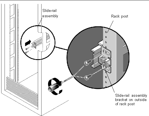 Graphic showing the mounting bracket being aligned with the three server chassis locating pins.