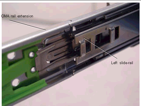 Graphic showing the CMA rail extension being inserted into the rear of the left slide-rail.