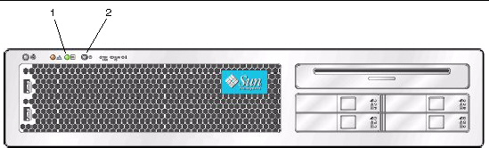 Graphic showing the Sun Fire X4200/X4200 M2 server front panel with the power button and Power/OK LED shown on the upper-left.