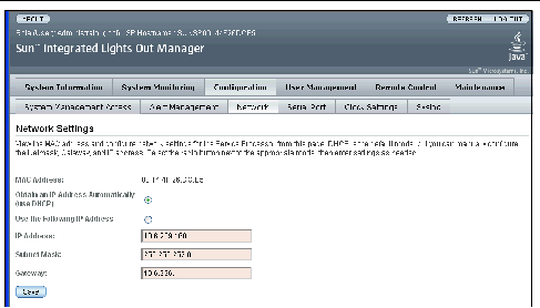 Graphic showing ILOM GUI with the Configuration and Network tabs chosen. and with the Use the Following IP Address button selected.