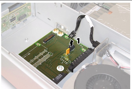 Removing the power distribution board after disconnecting the cable from the rear fan tray and lifting the front of the board upward.