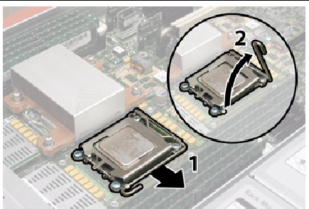 Releasing the CPU socket lever: pull lever away from socket, then lever it up to a vertical position.