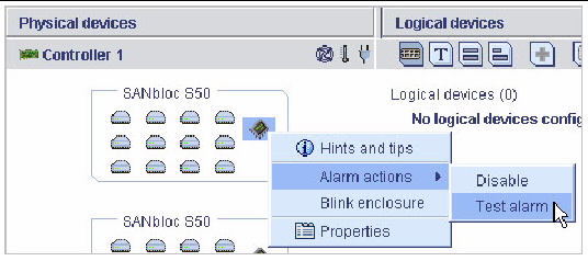 Screen shot of the Enclosure Test alarm menu option.