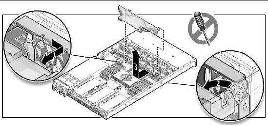 Figure showing how to remove an air baffle (Sun Fire X4140 Server).
