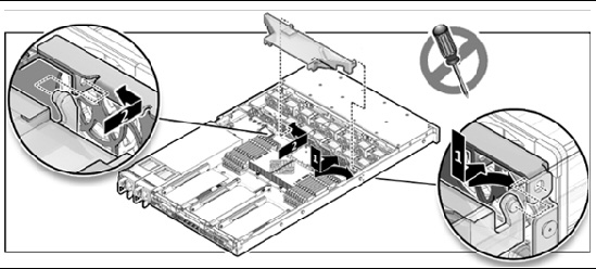 Figure showing how to install an air baffle (Sun Fire X4140 Server).