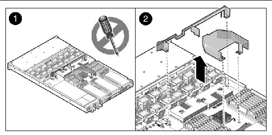 Figure showing how to remove an air baffle (Sun Fire X4150 Server).