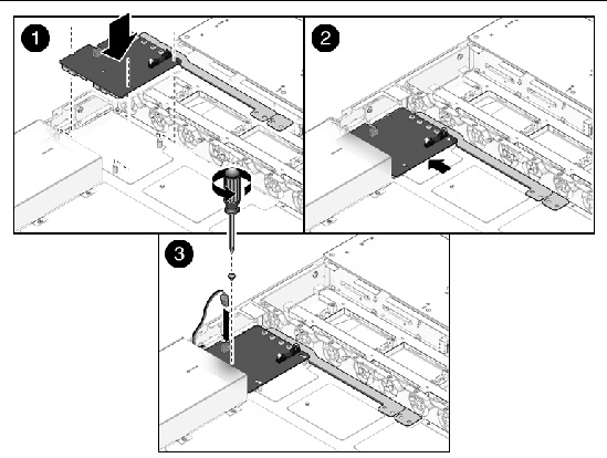 Figure showing how to install the power distribution board (Sun Fire X4150 Server).