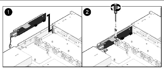Figure showing how to install the paddle card (Sun Fire X4150 Server).