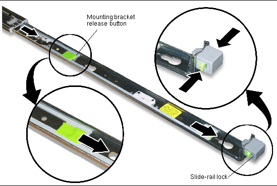 Graphic showing slide-rail lock tabs being squeezed and mounting bracket extended from slide-rail. Also showing mounting bracket release button on inner side of mounting bracket.