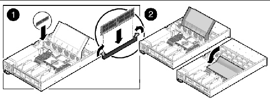 Figure showing how to install an FB-DIMM (Sun Fire X4240).