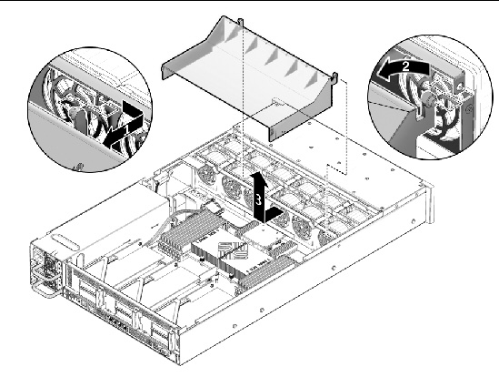 Figure showing how to remove an air baffle (Sun Fire X4240).