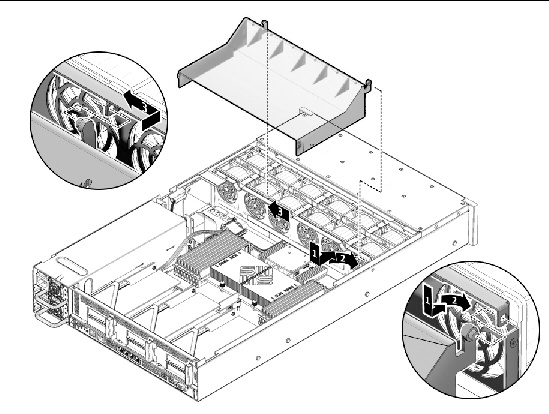 Figure showing how to install an air baffle (Sun Fire X4240).