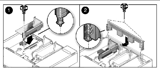 Figure showing how to install a PCIe riser (Sun Fire X4240).