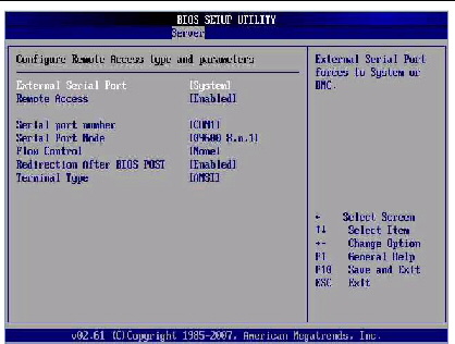 Graphic showing BIOS Setup Utility: Server -Configure remote access.