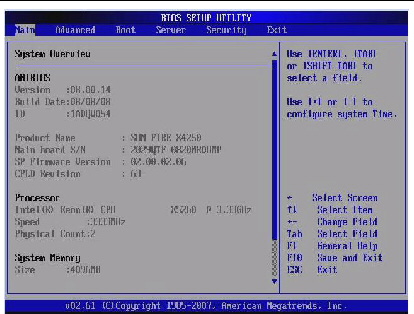 Graphic showing BIOS Setup Utility: Main -system overview.