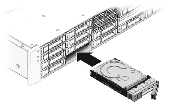 Figure showing how to insert a drive. With latch open, slide drive into its bay. Close latch to secure drive.