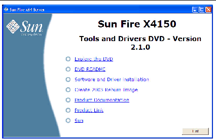 Screen shot of the Sun Fire Tools and Drivers Main Menu.