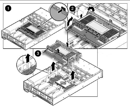 Figure showing how to remove a memory tray (Sun Fire X4440).