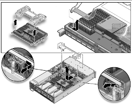 Figure showing how to remove an air baffle (Sun Fire X4440).
