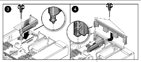 Figure showing how to install a PCIe riser (Sun Fire X4440).