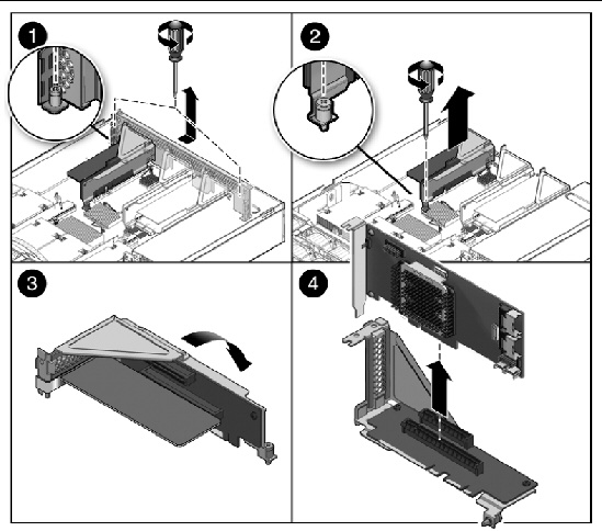 Figure showing how to remove a card (Sun Fire X4440).
