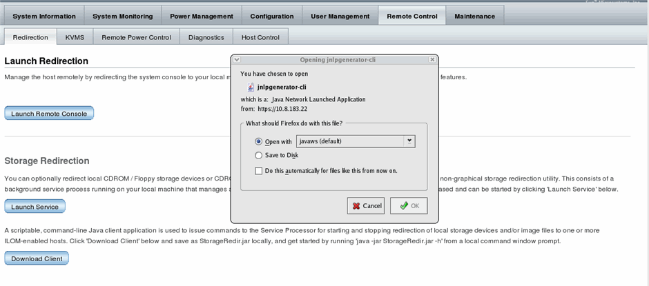 Graphic showing the Launch Redirection page and the dialog box to specify the 32-bit JDK file.