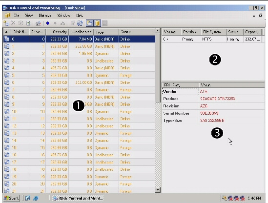 This is a picture of the DCM Disk View Document which includes the Disk pane, FRU pane, and Volume pane.