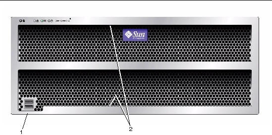 Graphic showing the X4500 server front panel with the power button and Power/OK LED shown on the upper-left.