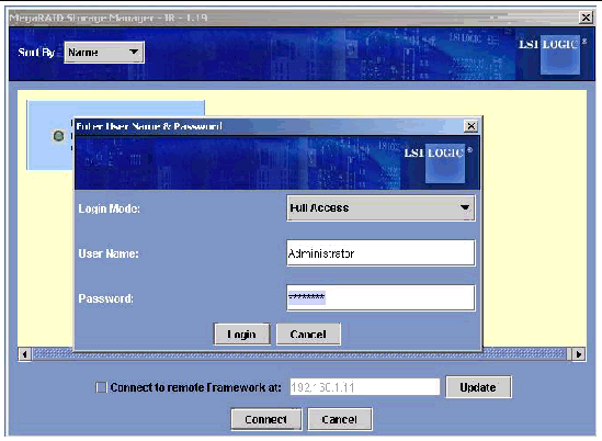 Graphic Showing the MegaRAID Storage Manager-IR Login for User and Password