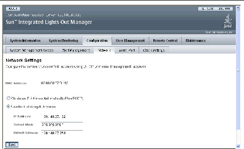 Graphic showing ILOM GUI with the Configuration and Network tabs chosen. and with the Use the Following IP Address button selected.