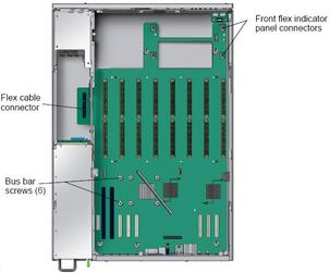 Top-down view of the motherboard with the locations of the 8 screws that secure the motherboard to the chassis floor highlighted.