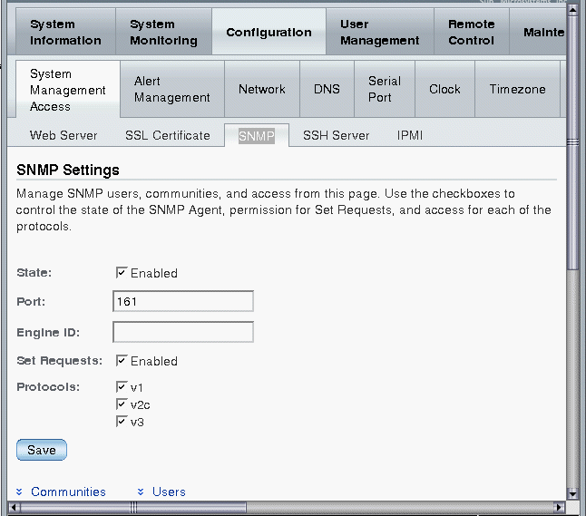 Screen shot of the ILOM SNMP Settings page.