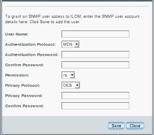 Screen shot of the ILOM SNMP web interface used to add users.