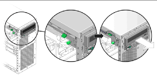 Figure showing removal of the DVD drive from the workstation.