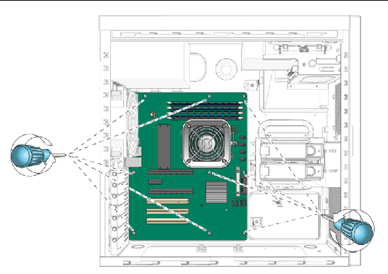 Figure showing removal of the 9 motherboard screws.