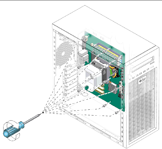 Figure showing installing the location of the motherboard screws.
