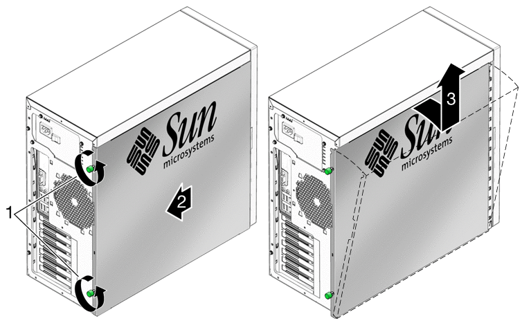 Figure showing side panel removal. Unfasten 2 thumb screws,
slide panel back, then move top of panel outward, then pull entire panel up
to remove.